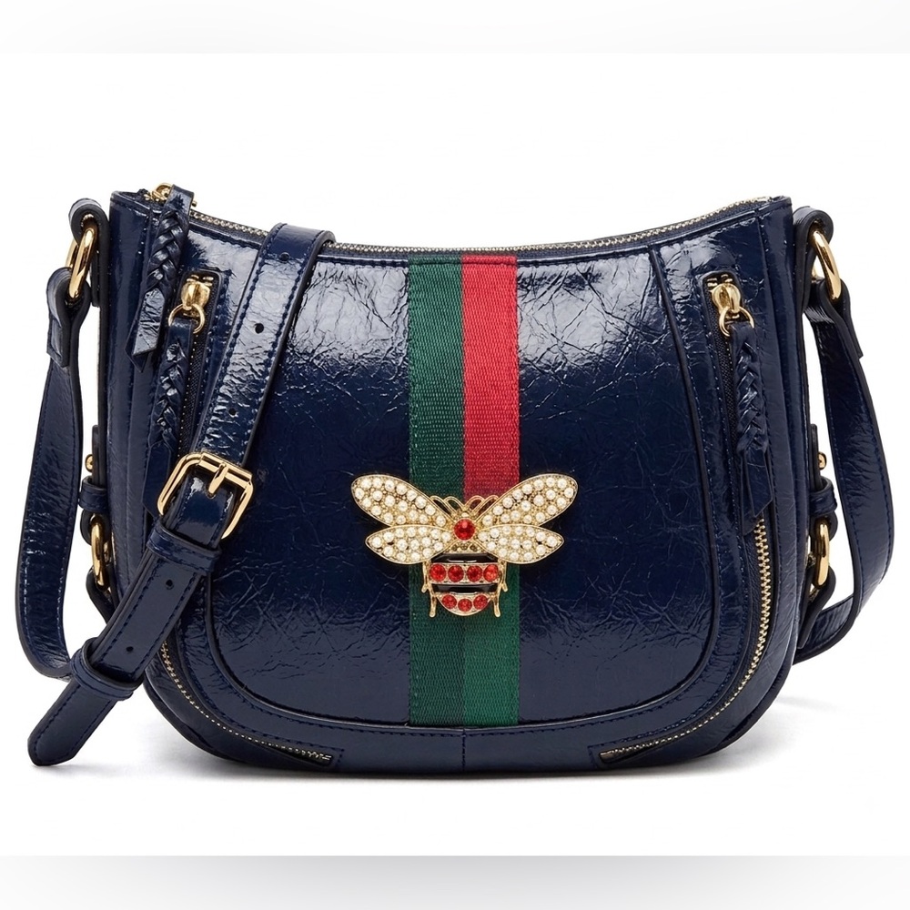 ALBA Classic Queen Bee Webbed Stripe Saddle Crossbody Bag - Navy Blue